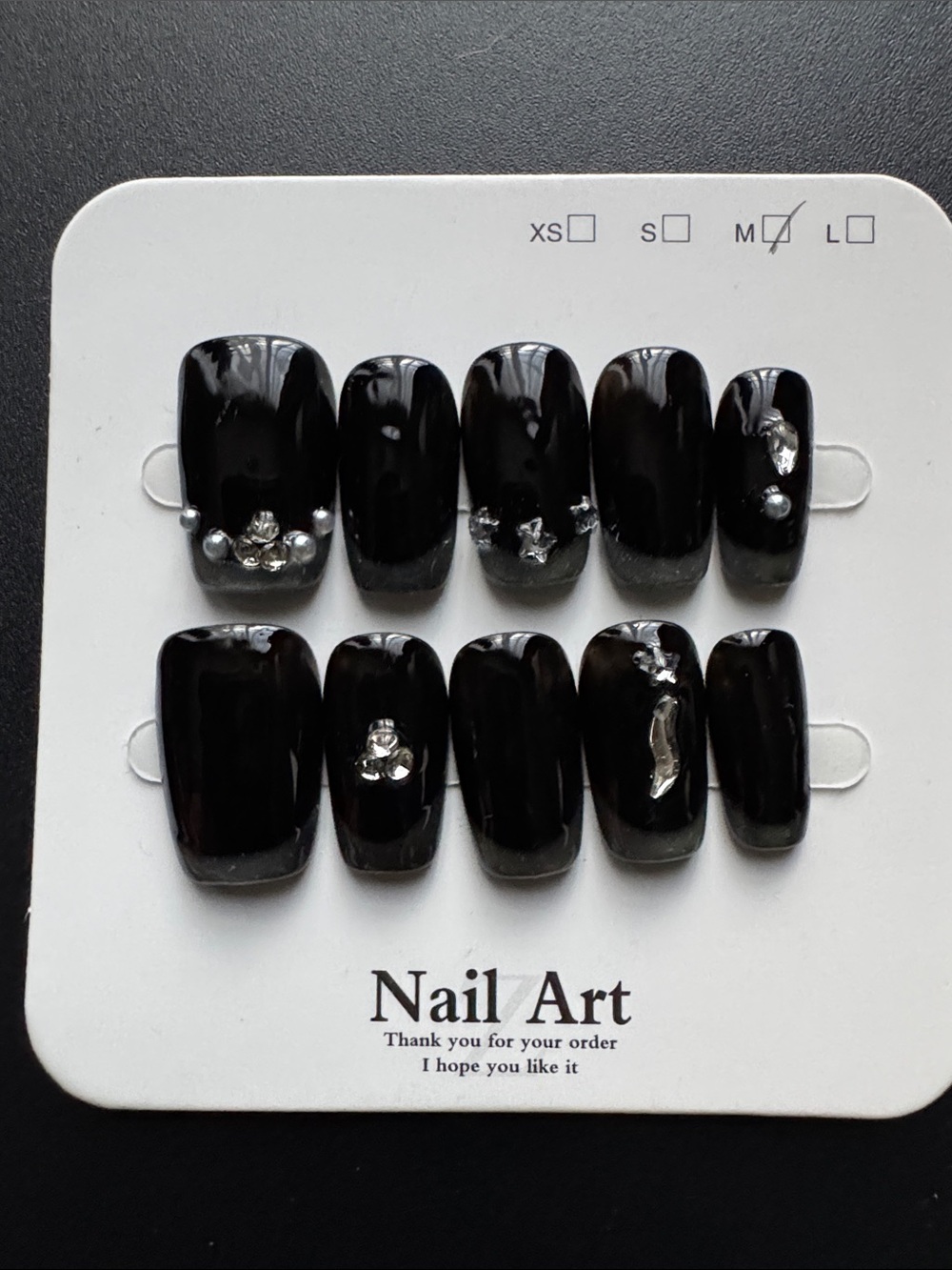 Black Press-On Nails with Silver Glitter Tips and Rhinestones - Picture 2 of 3